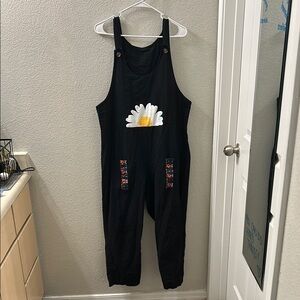 Black Daisy Embroidered Overalls
